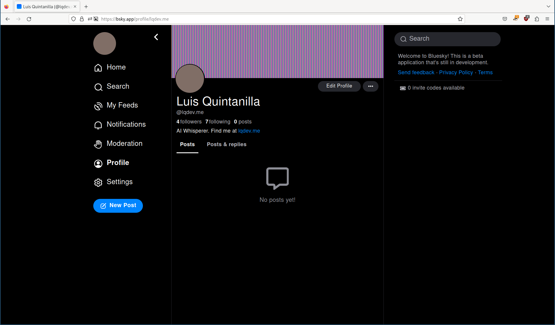 Bluesky web app showing lqdev.me profile