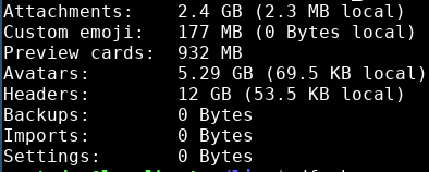 Command line displaying disk space used by Mastodon for media