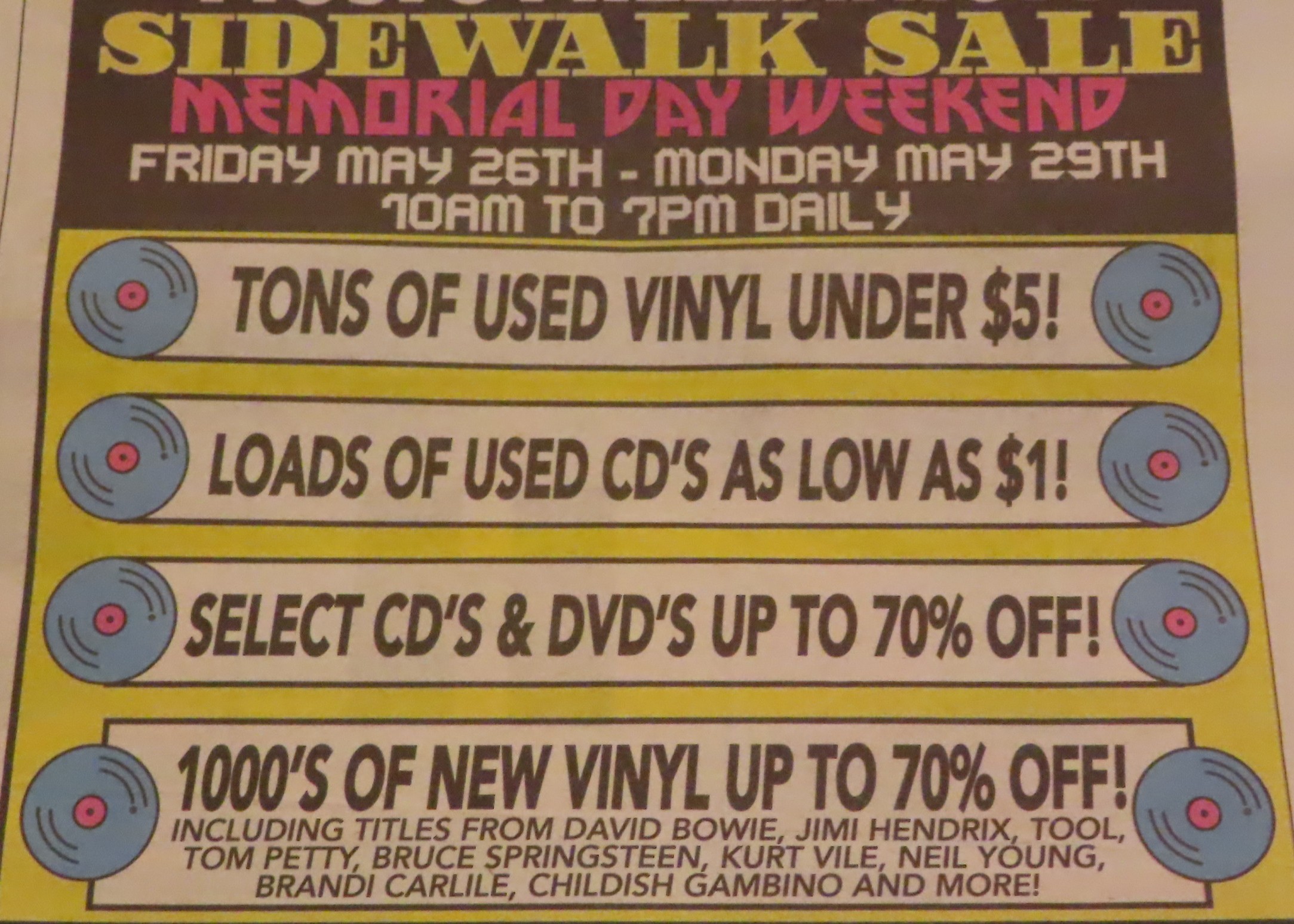 Newpaper ad for a memorial day CD and vinyl sale