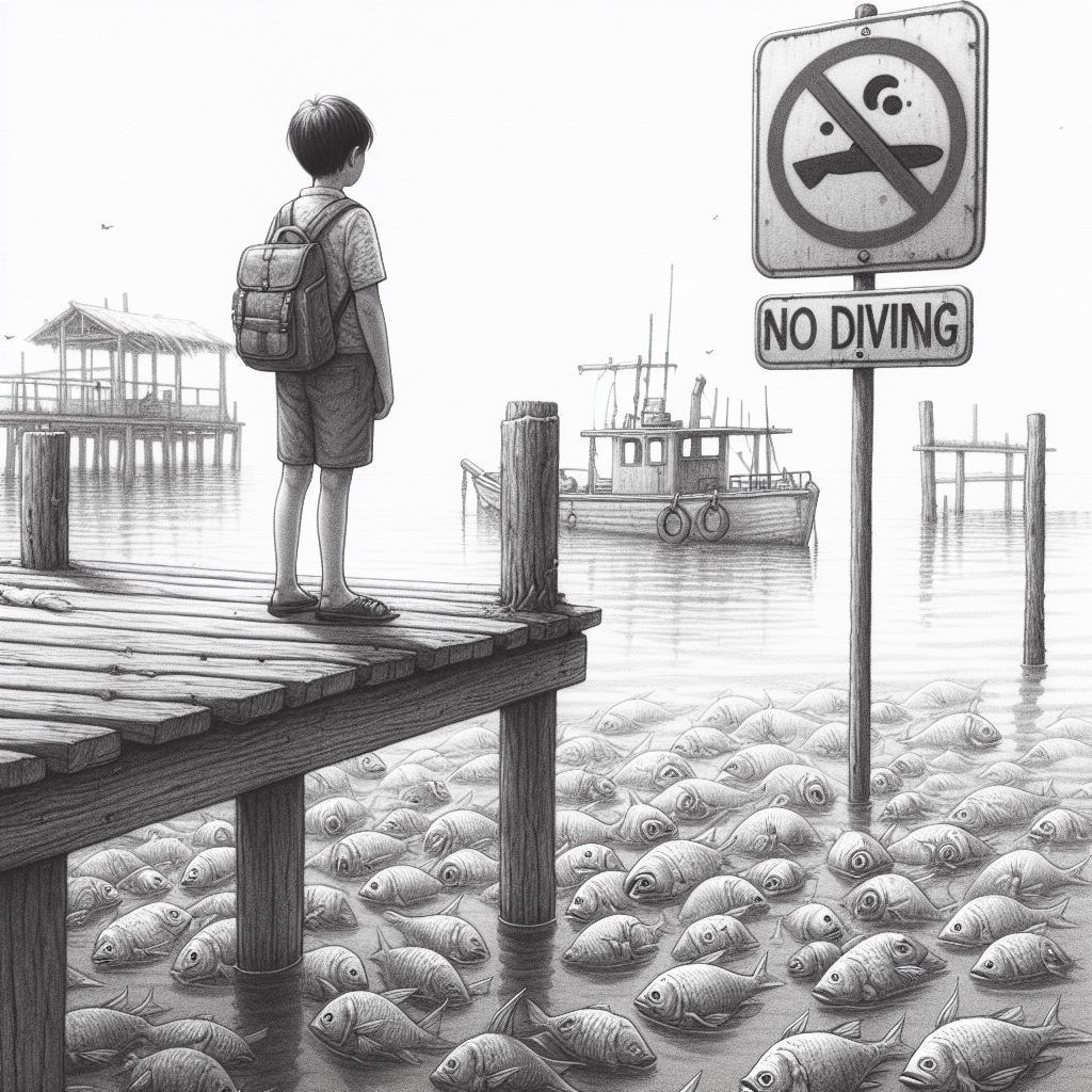 AI generated image of a boy standing on a pier looking at a sea of dead fish and a sign that says â€œNo divingâ€�