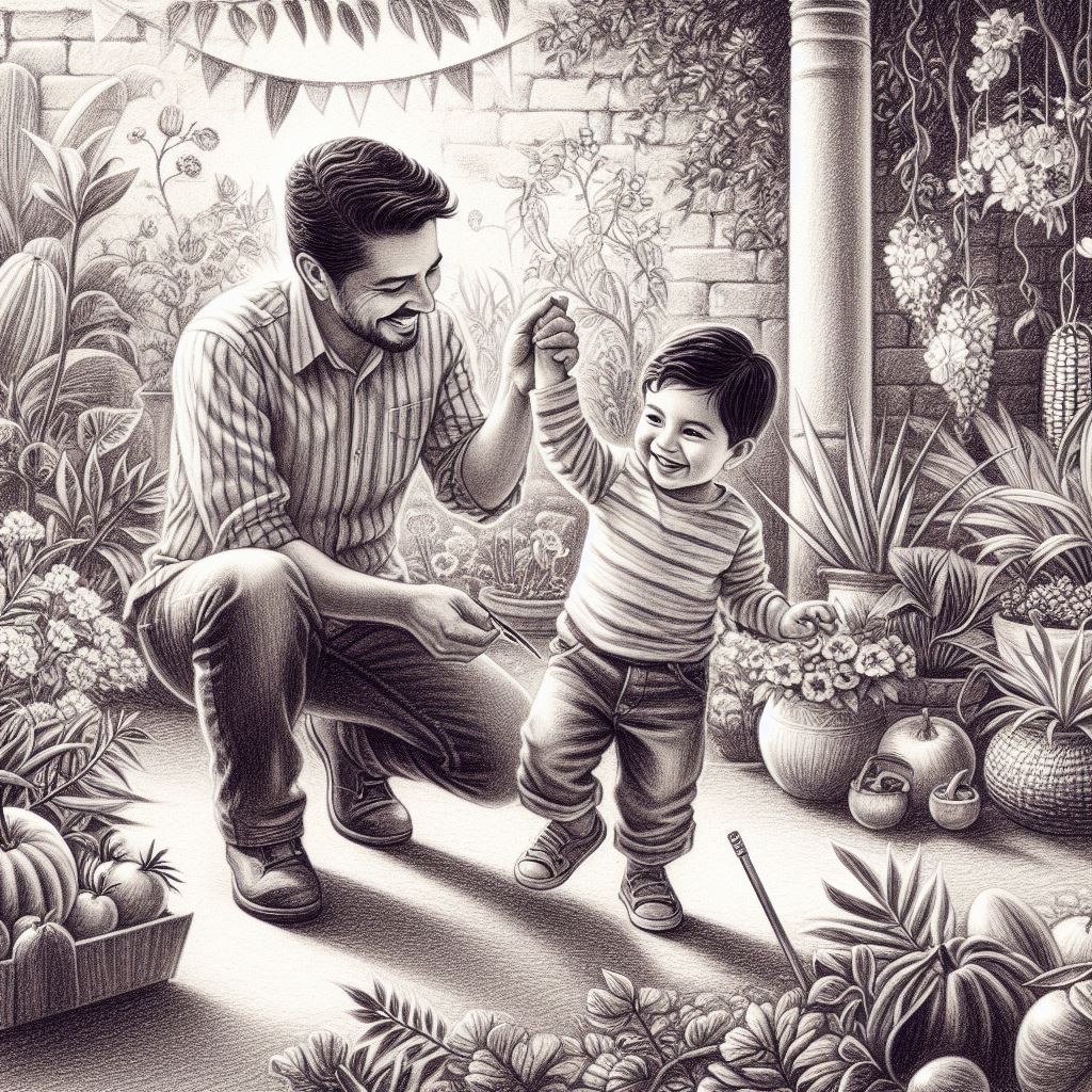 AI generated image of a father and a son playing in a garden with different plants and flowersâ€�